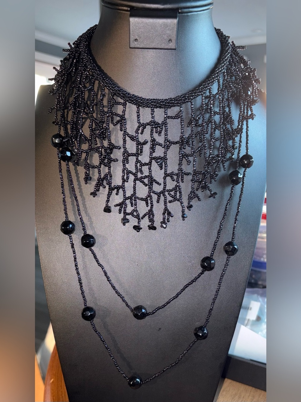 Black Beaded Necklace/Fringe Multi-Strand Necklace